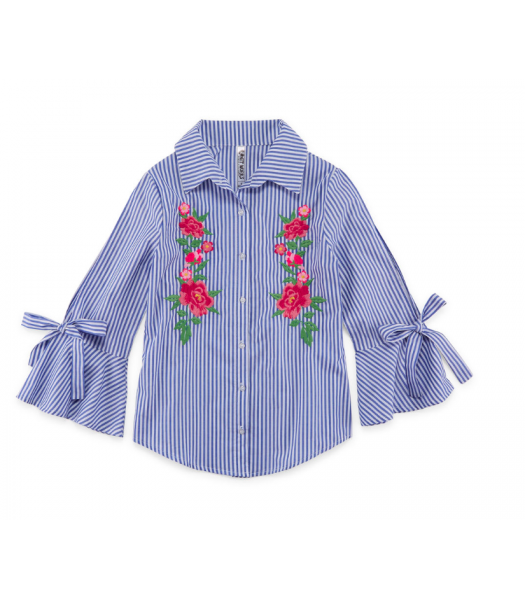 Beautees Blue/White Stripe 3/4 Sleeve Wt Flowery Embroidery Blouse Shirt 